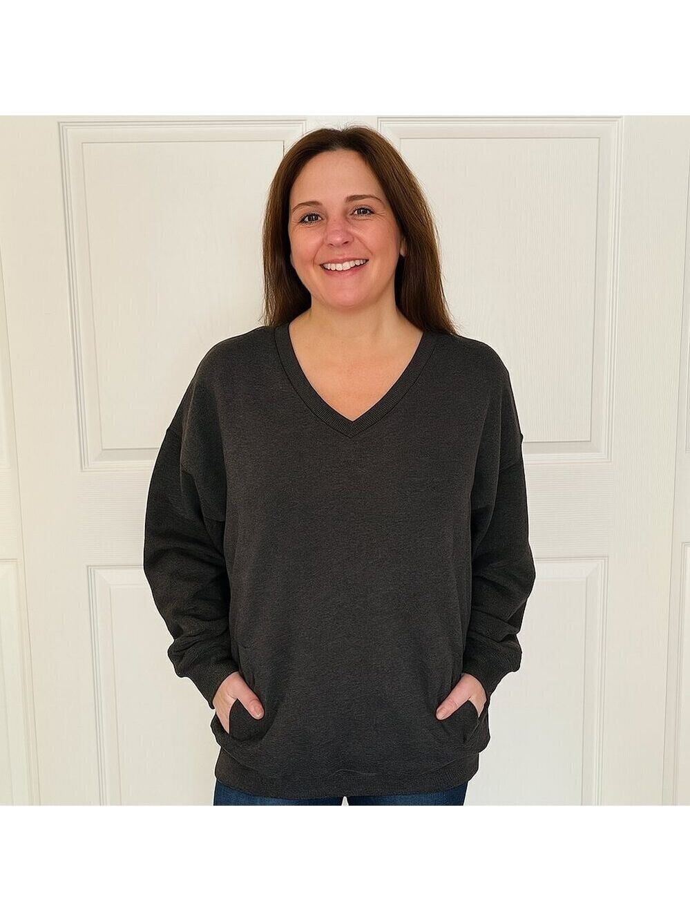Zenana Charcoal Gray V Neck Sweatshirt Large